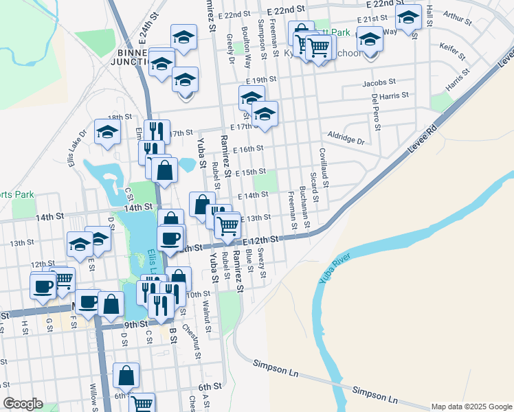 map of restaurants, bars, coffee shops, grocery stores, and more near 202 East 13th Street in Marysville
