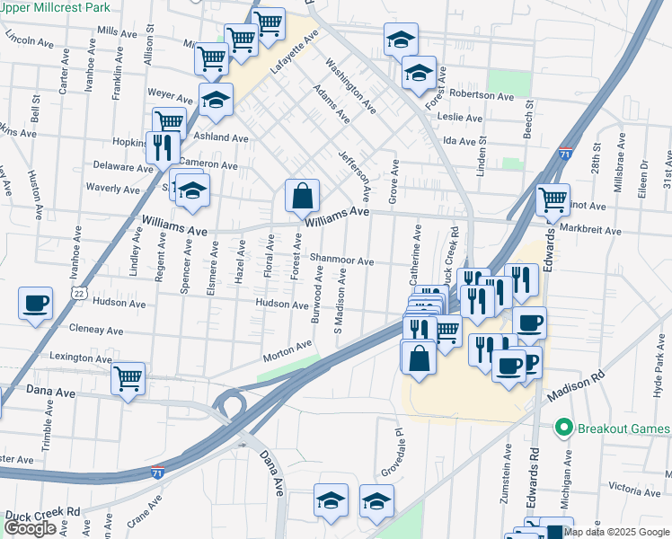 map of restaurants, bars, coffee shops, grocery stores, and more near 3920 Burwood Avenue in Cincinnati