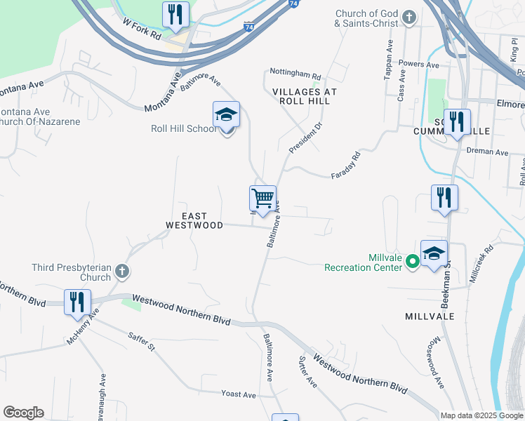 map of restaurants, bars, coffee shops, grocery stores, and more near 3627 McHenry Avenue in Cincinnati