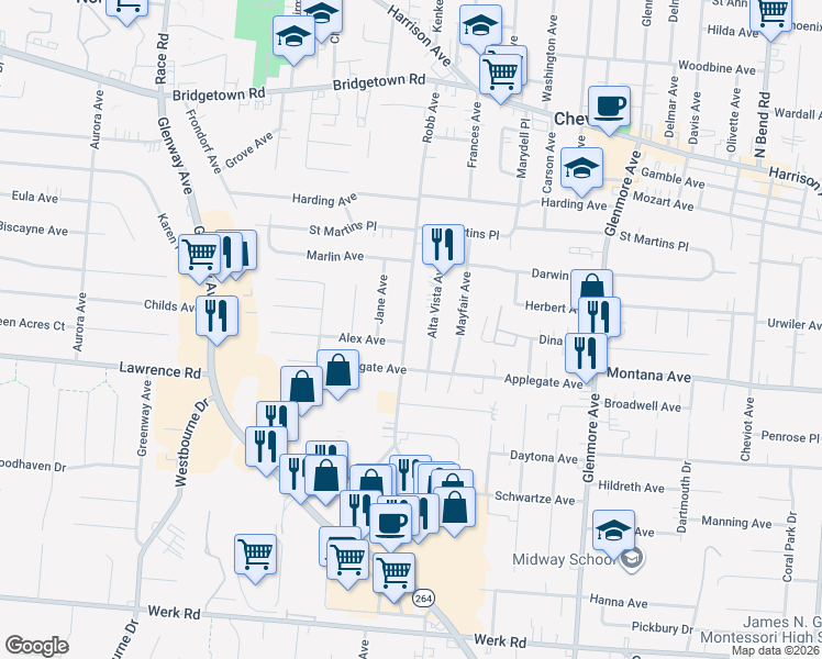 map of restaurants, bars, coffee shops, grocery stores, and more near 3411 Alta Vista Avenue in Cincinnati