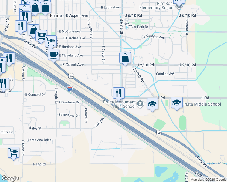 map of restaurants, bars, coffee shops, grocery stores, and more near 812 West Cedar Court in Fruita