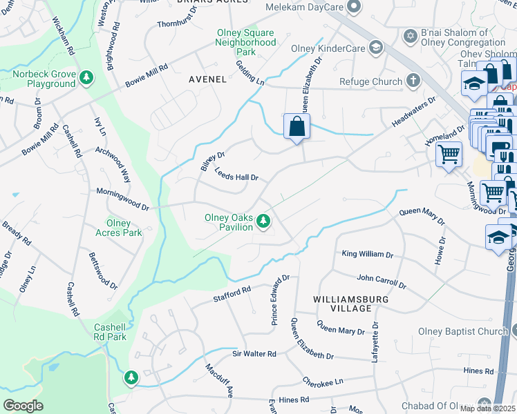map of restaurants, bars, coffee shops, grocery stores, and more near 4352 Morningwood Drive in Olney