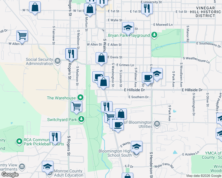 map of restaurants, bars, coffee shops, grocery stores, and more near 1513 South Walnut Street in Bloomington