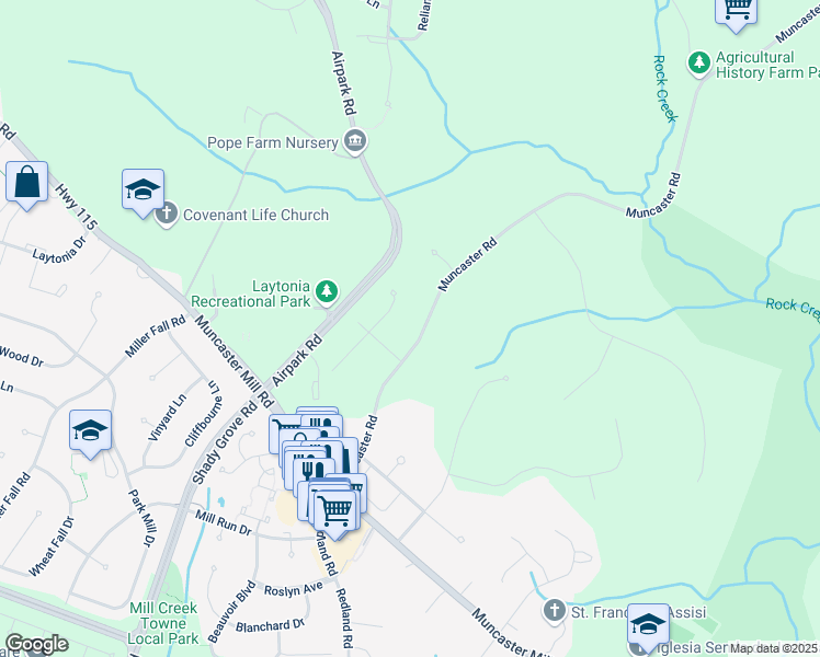 map of restaurants, bars, coffee shops, grocery stores, and more near 17908 Muncaster Road in Derwood