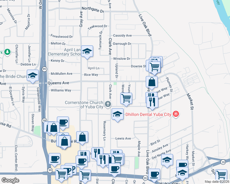 map of restaurants, bars, coffee shops, grocery stores, and more near 1431 Clark Avenue in Yuba City