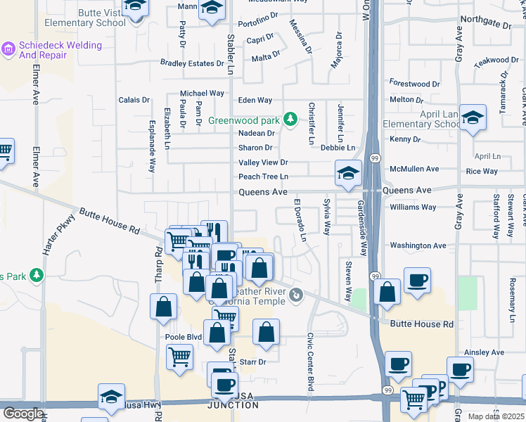 map of restaurants, bars, coffee shops, grocery stores, and more near 1576 Heather Drive in Yuba City