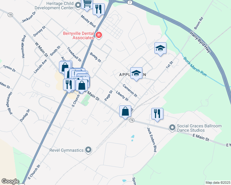 map of restaurants, bars, coffee shops, grocery stores, and more near 205 Liberty Street in Berryville