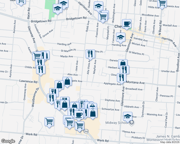 map of restaurants, bars, coffee shops, grocery stores, and more near 3432 Alta Vista Avenue in Cincinnati