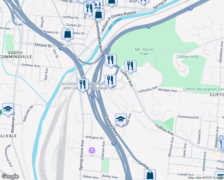 map of restaurants, bars, coffee shops, grocery stores, and more near 3520 Central Parkway in Cincinnati