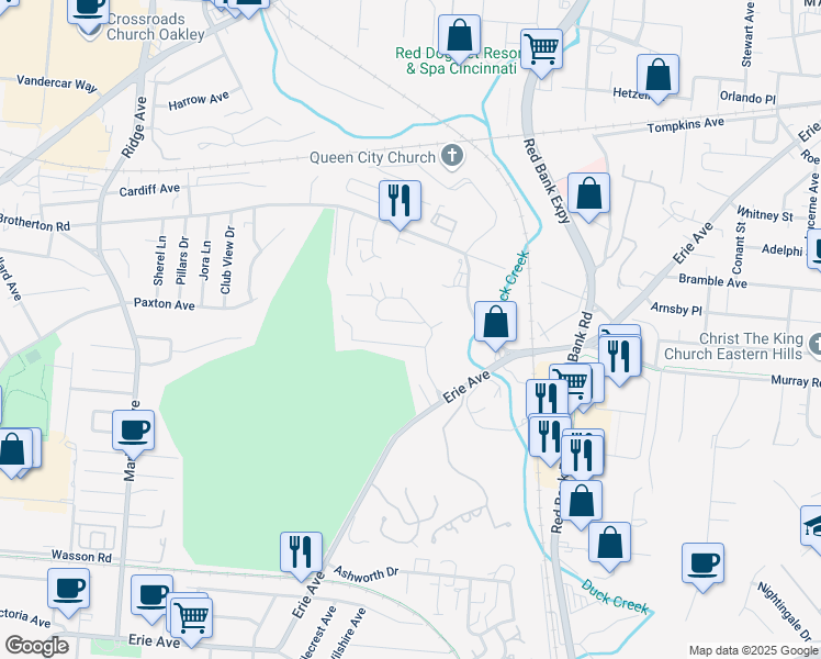map of restaurants, bars, coffee shops, grocery stores, and more near 3843 Country Club Place in Cincinnati