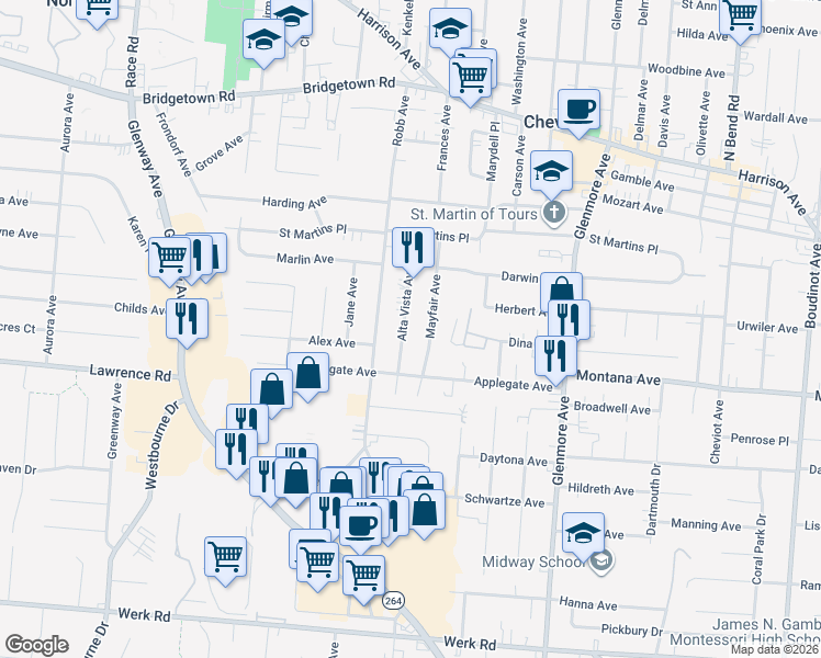map of restaurants, bars, coffee shops, grocery stores, and more near 3432 Alta Vista Avenue in Cincinnati