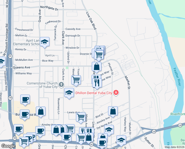 map of restaurants, bars, coffee shops, grocery stores, and more near 1424 Live Oak Boulevard in Yuba City