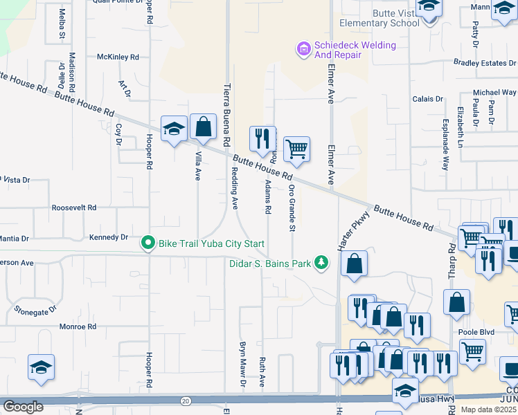 map of restaurants, bars, coffee shops, grocery stores, and more near 1558 Adams Road in Yuba City