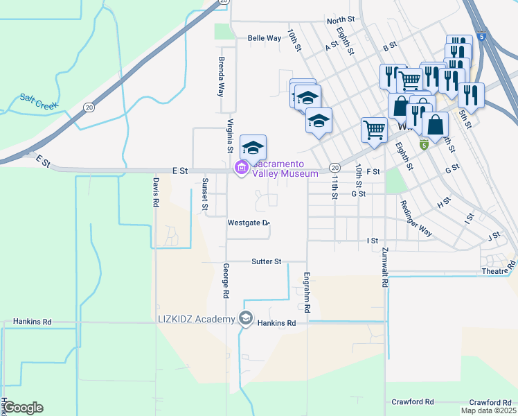 map of restaurants, bars, coffee shops, grocery stores, and more near 117 Westgate Drive in Williams