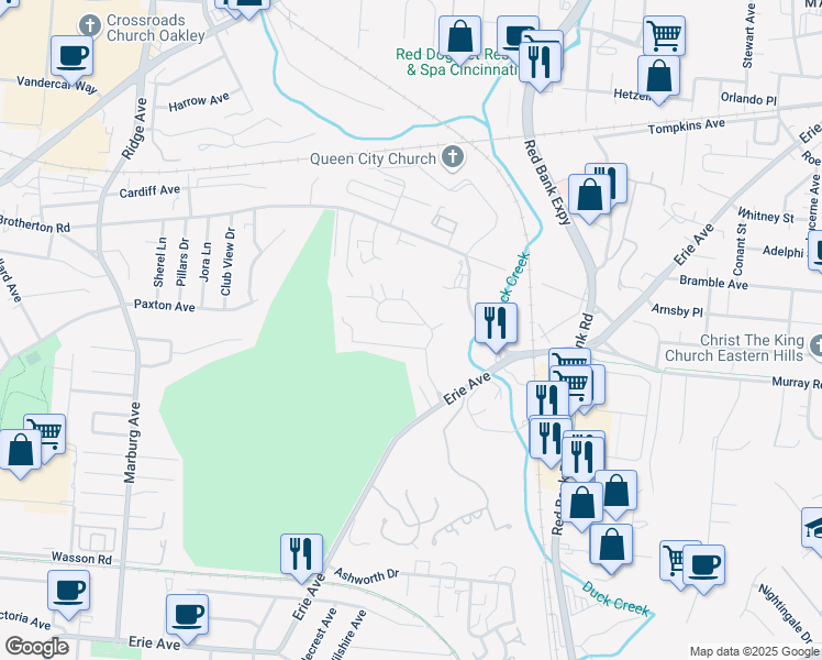 map of restaurants, bars, coffee shops, grocery stores, and more near 3843 Country Club Place in Cincinnati