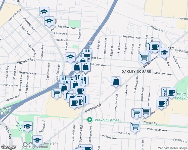 map of restaurants, bars, coffee shops, grocery stores, and more near 2729 Hyde Park Avenue in Cincinnati