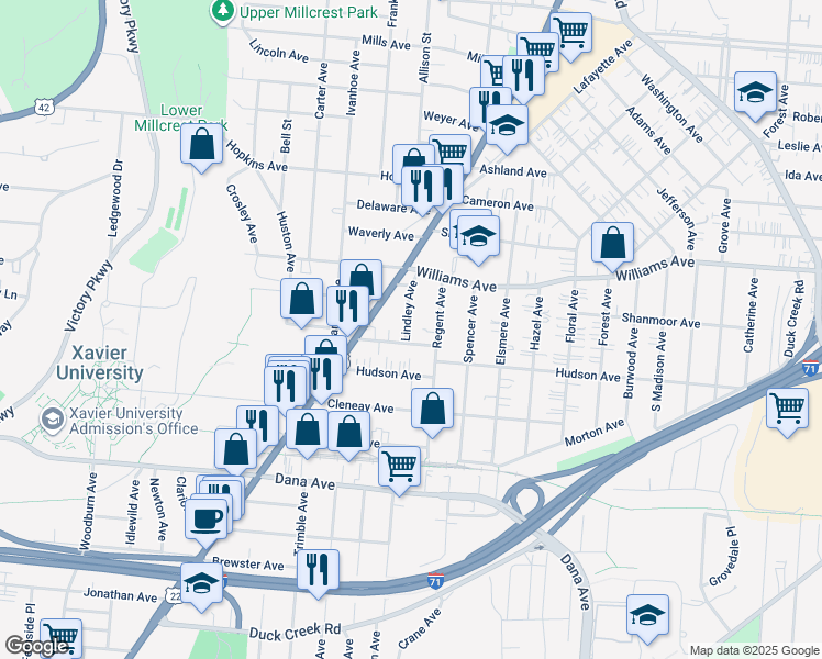 map of restaurants, bars, coffee shops, grocery stores, and more near 2001 Wayland Avenue in Cincinnati