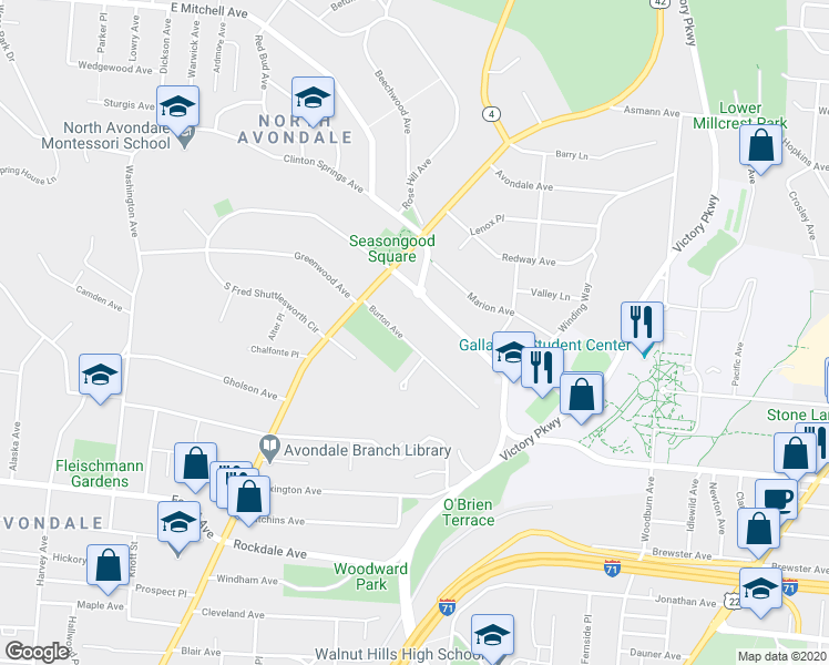 map of restaurants, bars, coffee shops, grocery stores, and more near 968 Burton Avenue in Cincinnati