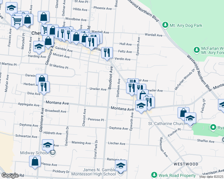 map of restaurants, bars, coffee shops, grocery stores, and more near 3432 Boudinot Avenue in Cincinnati