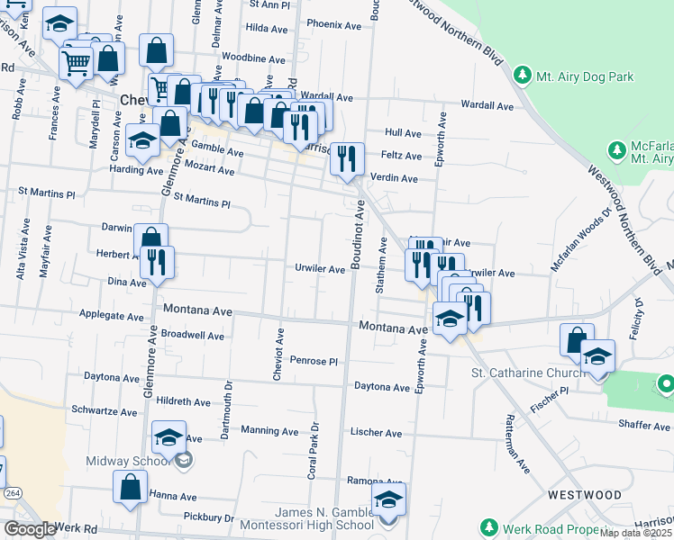 map of restaurants, bars, coffee shops, grocery stores, and more near 3426 Craig Avenue in Cincinnati