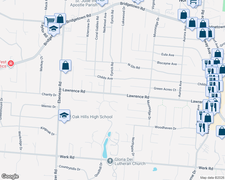 map of restaurants, bars, coffee shops, grocery stores, and more near 5855 Lawrence Road in Cincinnati