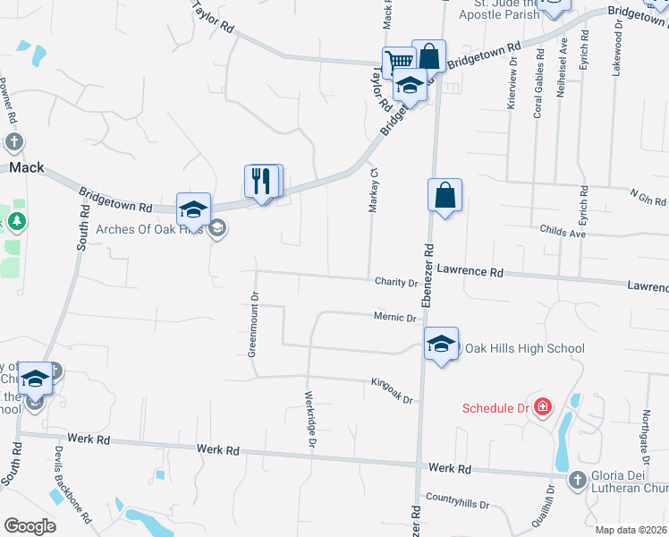 map of restaurants, bars, coffee shops, grocery stores, and more near 6223 Charity Drive in Cincinnati