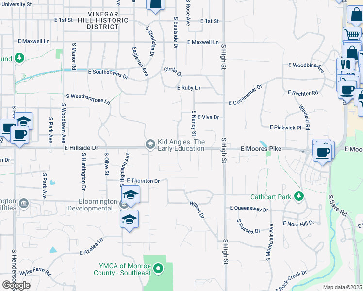 map of restaurants, bars, coffee shops, grocery stores, and more near 1515 South Dorchester Drive in Bloomington