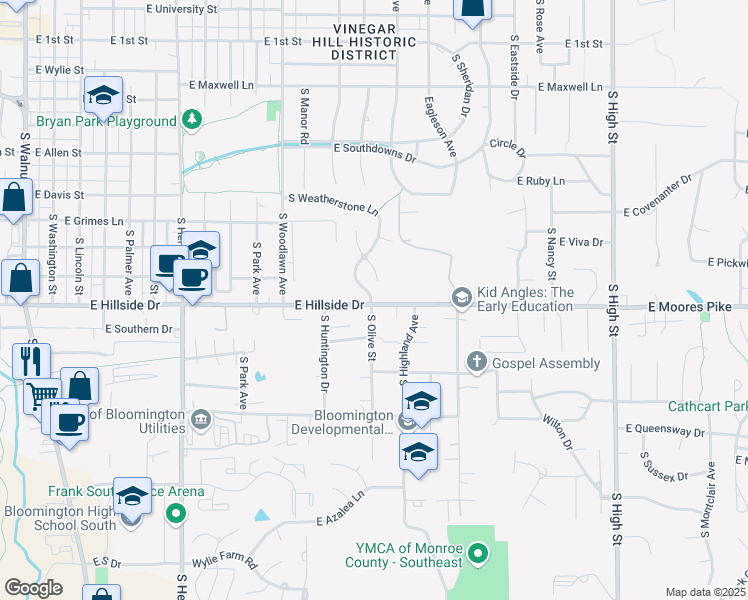map of restaurants, bars, coffee shops, grocery stores, and more near 1507 South Olive Street in Bloomington