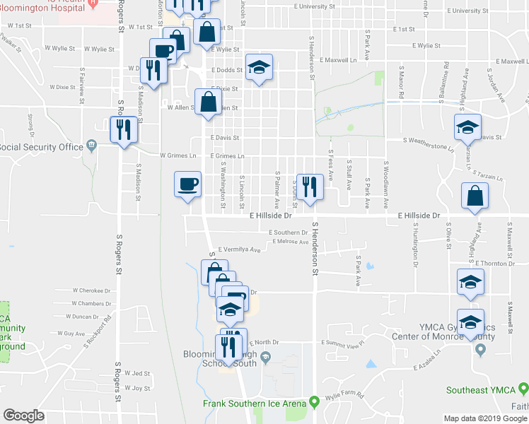 map of restaurants, bars, coffee shops, grocery stores, and more near 1510 South Grant Street in Bloomington
