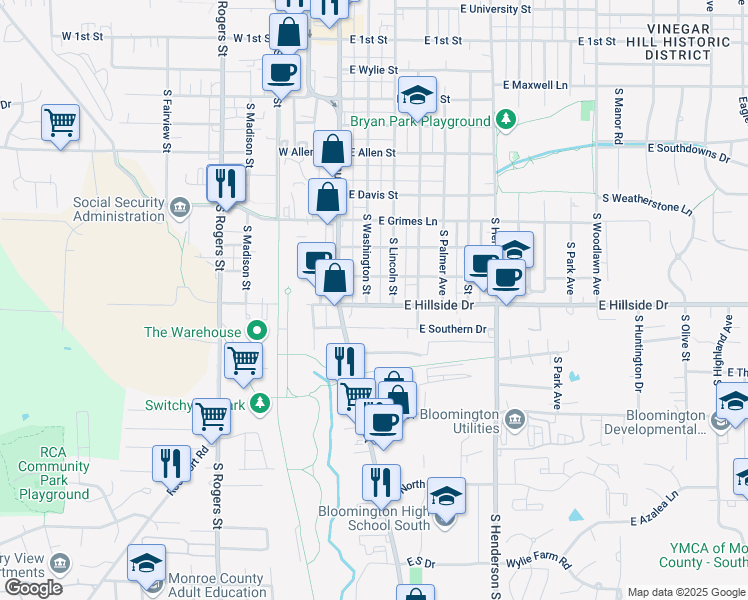 map of restaurants, bars, coffee shops, grocery stores, and more near 205 East Southern Drive in Bloomington