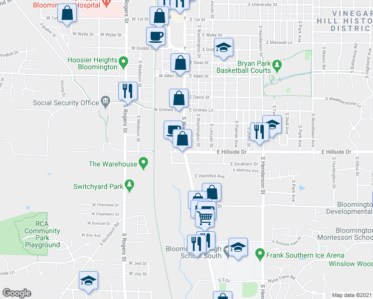 map of restaurants, bars, coffee shops, grocery stores, and more near 1513 South Walnut Street in Bloomington