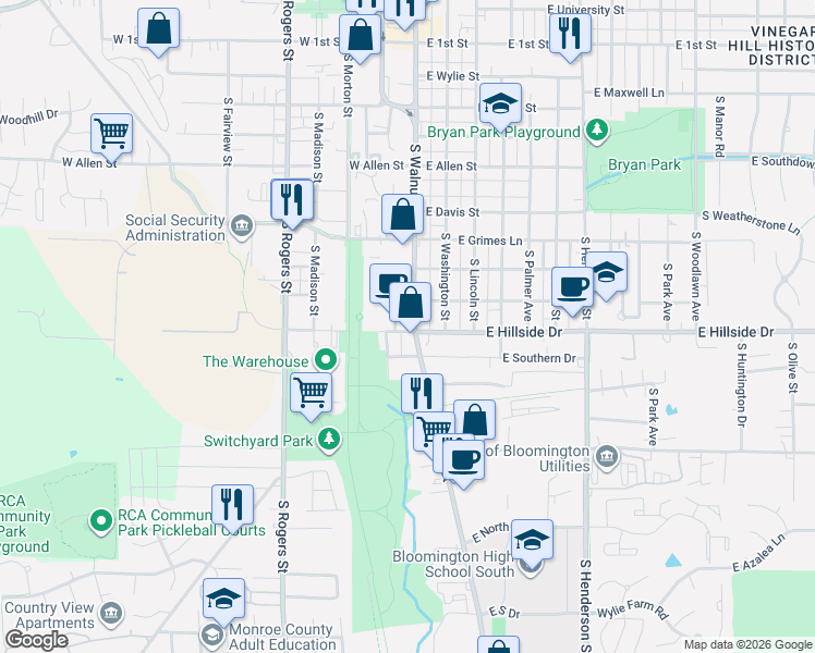 map of restaurants, bars, coffee shops, grocery stores, and more near 1513 South Walnut Street in Bloomington