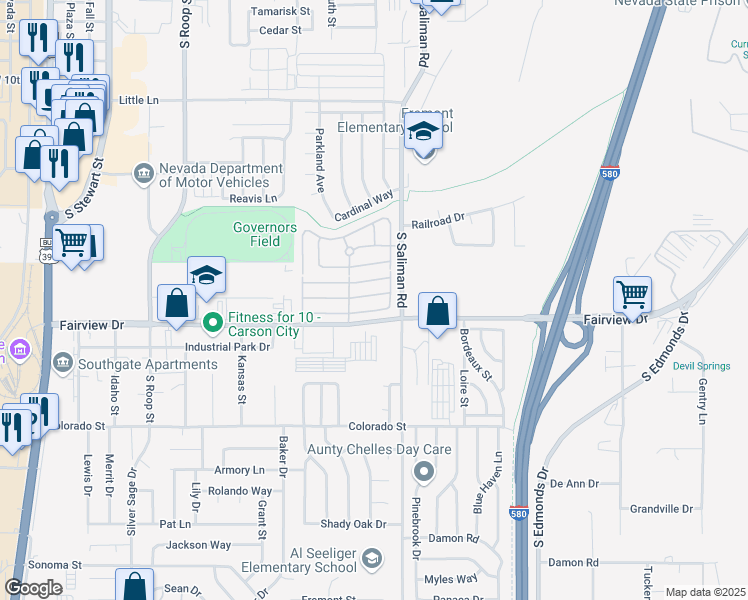 map of restaurants, bars, coffee shops, grocery stores, and more near 1275 Gambrel Drive in Carson City