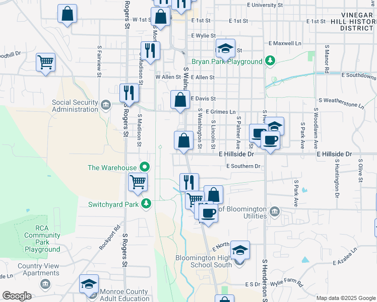 map of restaurants, bars, coffee shops, grocery stores, and more near 1425 South Walnut Street in Bloomington