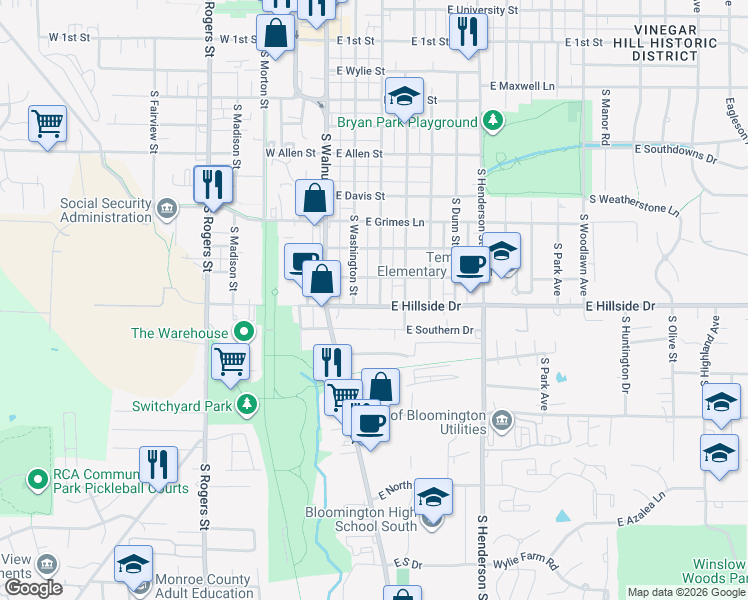 map of restaurants, bars, coffee shops, grocery stores, and more near 205 East Southern Drive in Bloomington