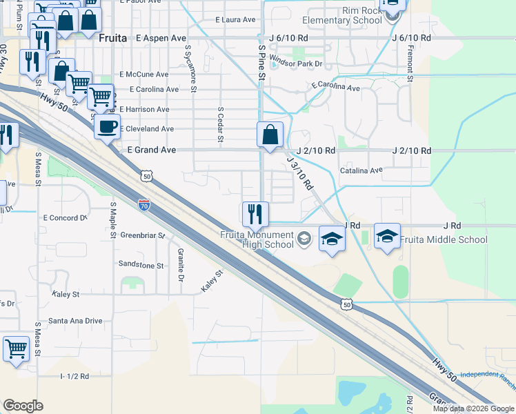 map of restaurants, bars, coffee shops, grocery stores, and more near 804 East Cedar Court in Fruita