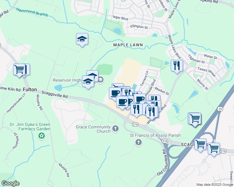 map of restaurants, bars, coffee shops, grocery stores, and more near West Market Place in Fulton
