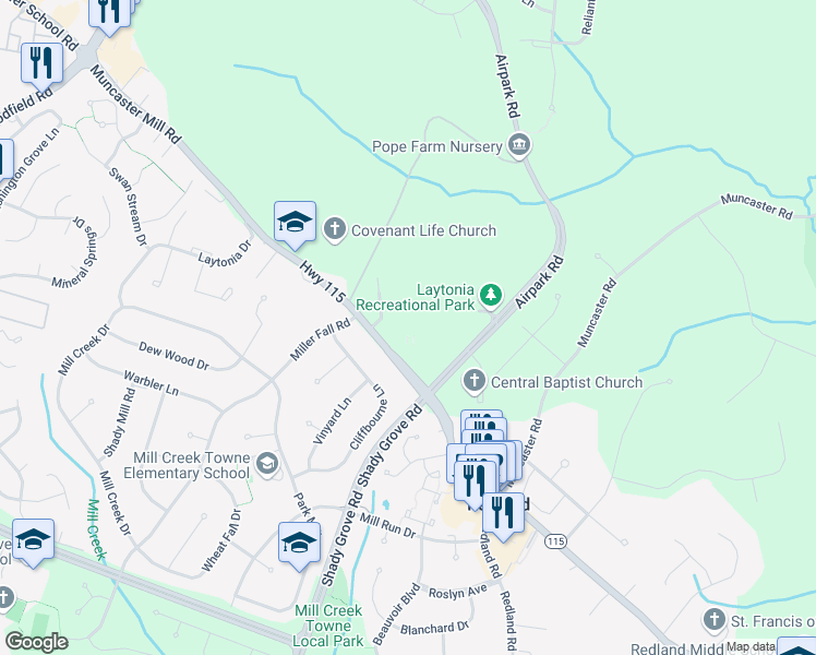 map of restaurants, bars, coffee shops, grocery stores, and more near 7315 Muncaster Mill Road in Derwood