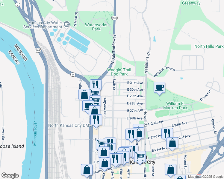 map of restaurants, bars, coffee shops, grocery stores, and more near 3000 Swift Avenue in North Kansas City