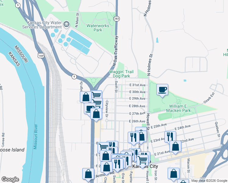 map of restaurants, bars, coffee shops, grocery stores, and more near 3000 Swift Street in North Kansas City
