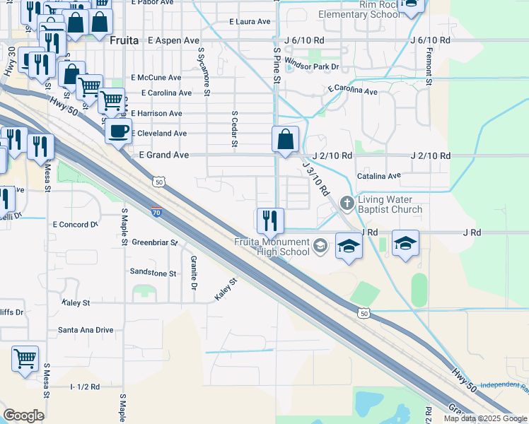 map of restaurants, bars, coffee shops, grocery stores, and more near 504 James Court in Fruita