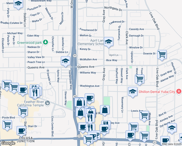 map of restaurants, bars, coffee shops, grocery stores, and more near 1180 Queens Avenue in Yuba City