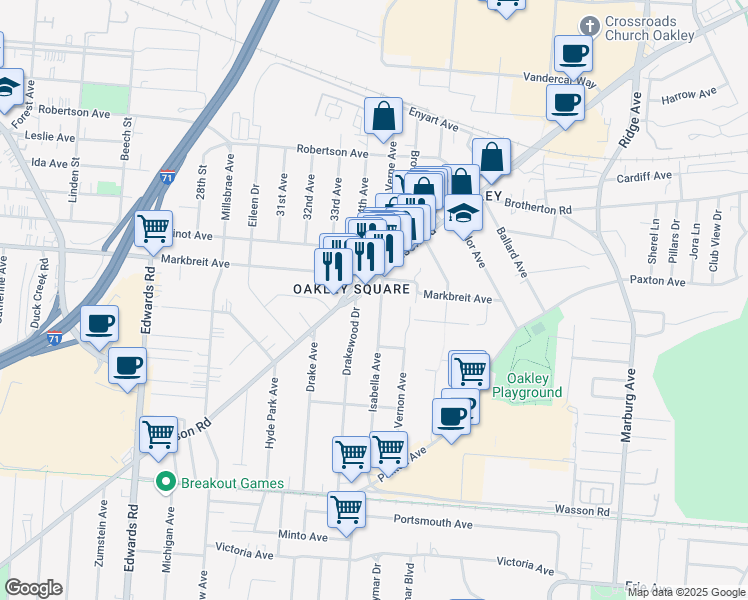 map of restaurants, bars, coffee shops, grocery stores, and more near 3058 Markbreit Avenue in Cincinnati