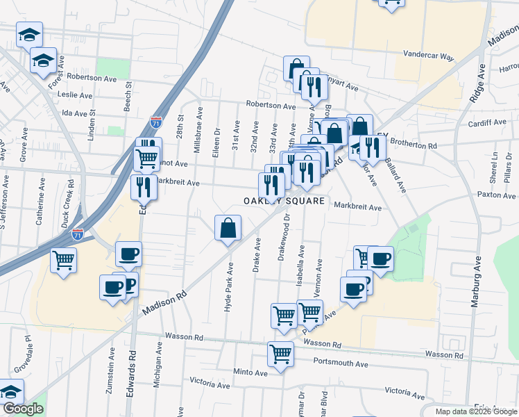 map of restaurants, bars, coffee shops, grocery stores, and more near 2893 Markbreit Avenue in Cincinnati