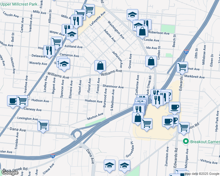 map of restaurants, bars, coffee shops, grocery stores, and more near 4008 Burwood Avenue in Cincinnati