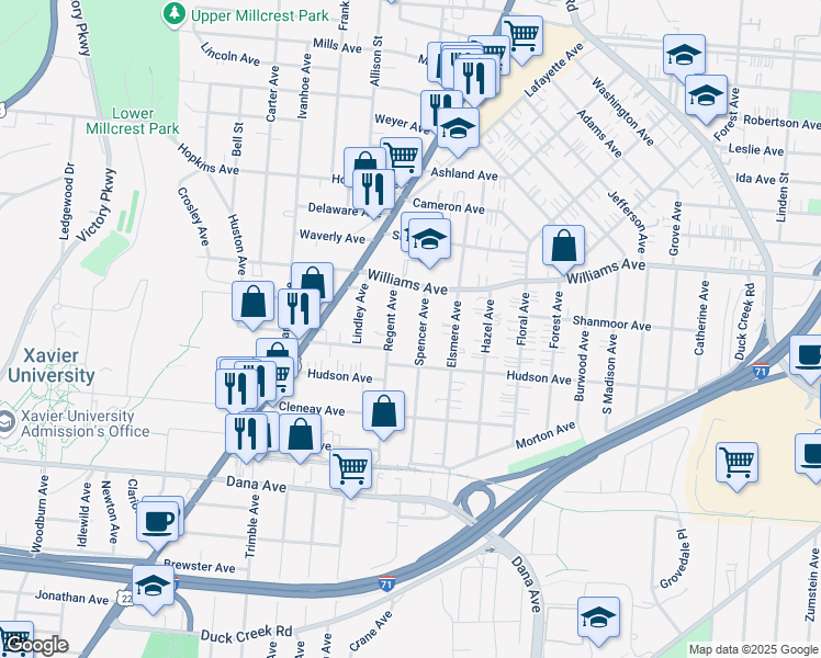 map of restaurants, bars, coffee shops, grocery stores, and more near 3950 Regent Avenue in Cincinnati