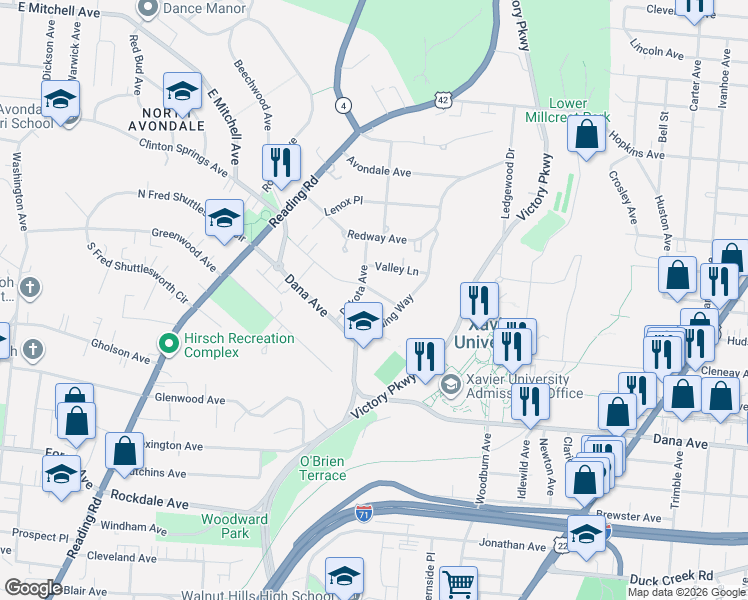 map of restaurants, bars, coffee shops, grocery stores, and more near 1023 Valley Lane in Cincinnati