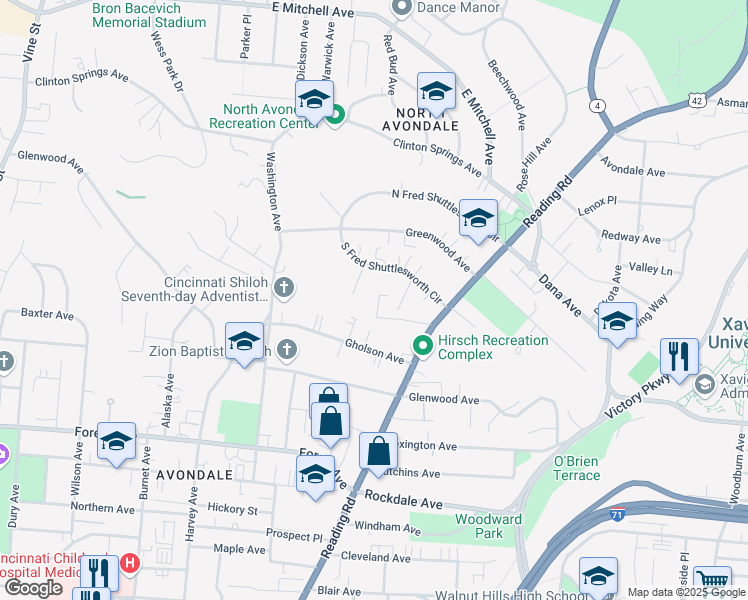 map of restaurants, bars, coffee shops, grocery stores, and more near 3620 Eaton Lane in Cincinnati