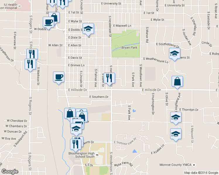map of restaurants, bars, coffee shops, grocery stores, and more near 511 East Wilson Street in Bloomington