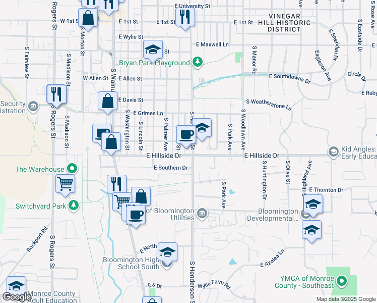map of restaurants, bars, coffee shops, grocery stores, and more near 511 East Wilson Street in Bloomington